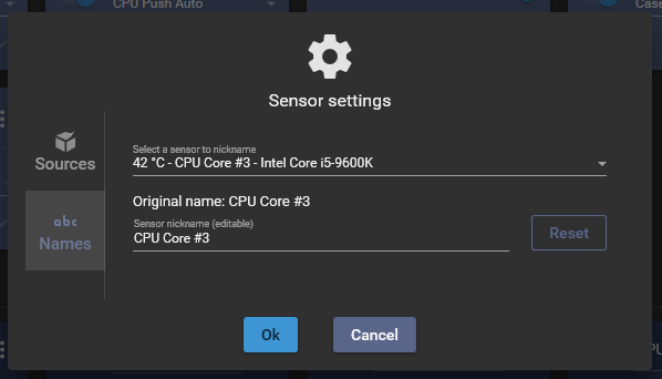 Sensor settings dialog