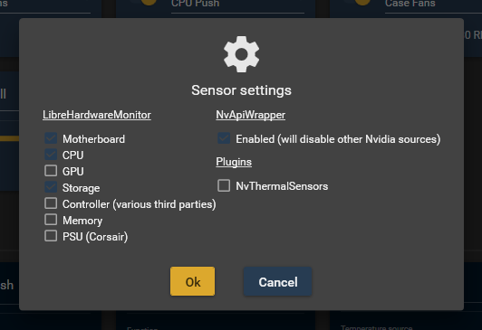 Sensor settings dialog